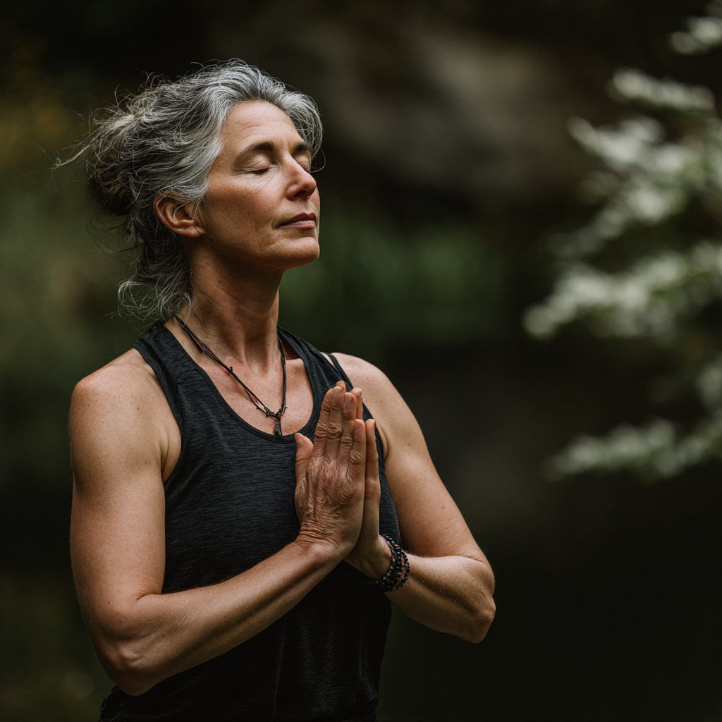 Femeie româncă de vârstă mijlocie practică yoga în natură, cu expresie paşnică și relaxată